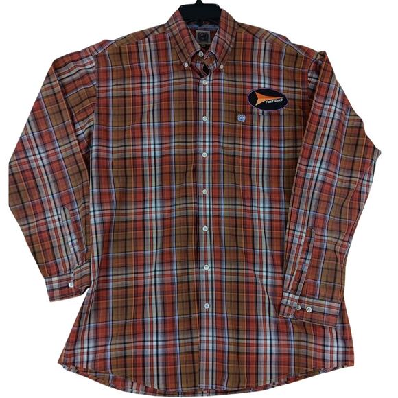 Cinch Fast Back Ropes Shirt Large Red Plaid Pressed Patched Western Rodeo - Picture 1 of 11